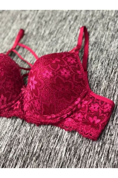 Ebru Lingerie حمالة صدر وملابس داخلية مدعمة بالدانتيل باللون الأحمر الداكن