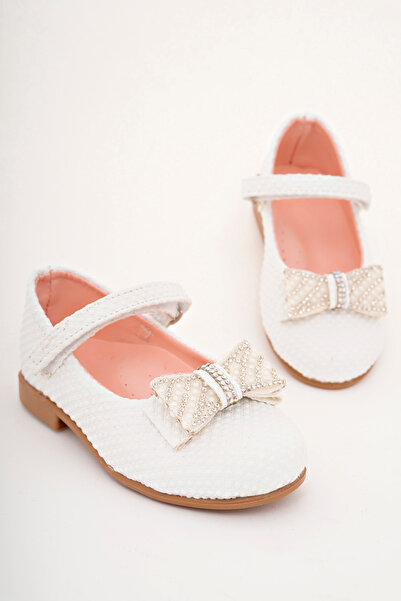 Cappale Pantofi de balerină cu papion pentru copii, alb, perlat, cu pietre