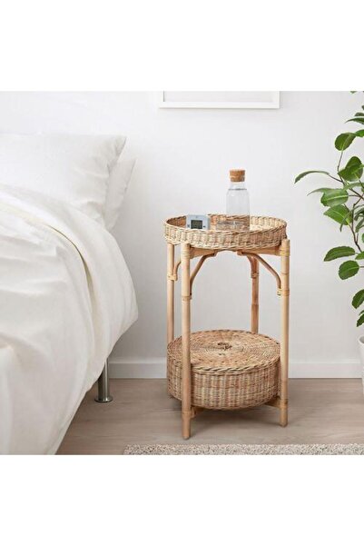 IKEA 2 Katlı Rattan Komodin-Sehpa 52 cm Doğal El Örmesi Çıkarılabilir Tepsi