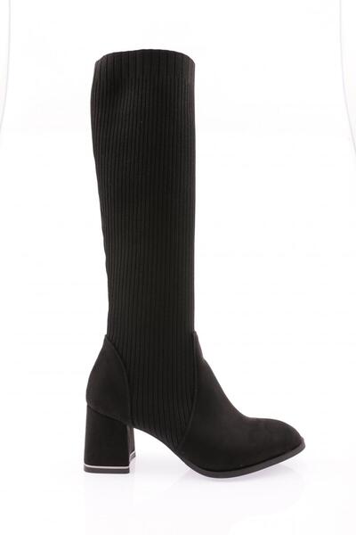 DGN Cizme cu toc pentru femei din piele intoarsa neagra - Detaliu cauciuc 103...