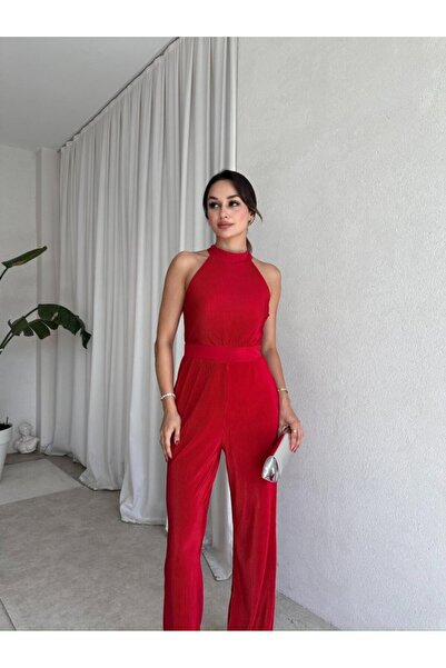 Rabia Çelik Kadın Kırmızı Halter Yaka Pilli Tulum
