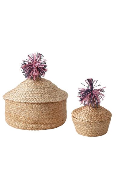 IKEA 2 Li Jüt Sepet Seti MeridyenDukkan Ponpon Kapaklı Örgü Jüt Düzenleyici A...