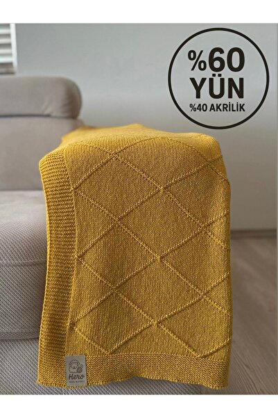 HERO CASA Yün Triko Tv Battaniyesi Baklava Desen-sarı