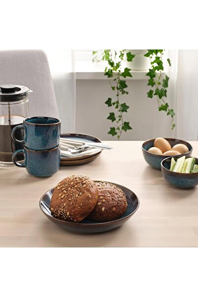 IKEA Gladelig Derin Tabak Seti, MeridyenDukkan Okyanus Mavisi 21 cm, 4 Adet Yemek Tabağı Kumlu Sır Yüzey