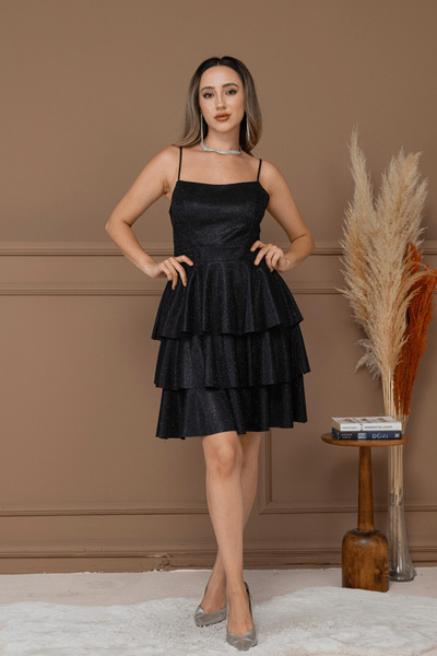 BEYBOS Simli Kumaş Sırtı İpli Mini Elbise - SİYAH