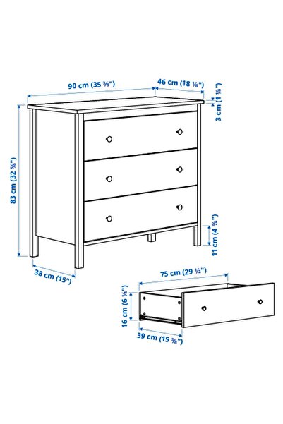 IKEA 3 Çekmeceli Şifonyer, KOPPANG MeridyenDukkan Beyaz Renk 90x83 cm