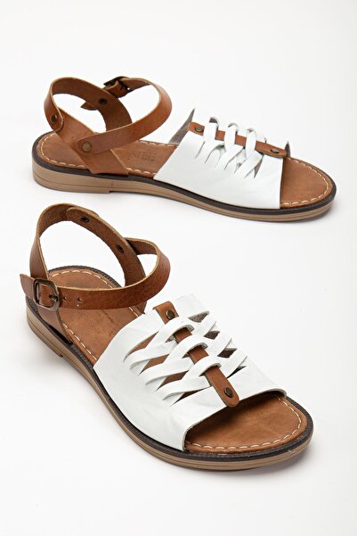 MaskButik Σανδάλια Mİcra από γνήσιο δέρμα καφέ-λευκό