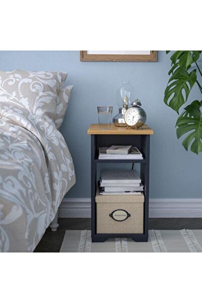 IKEA Bölmeli Yan Sehpa Koyu Mavi Renk 40x32 cm Meşe Görünüm-Açık Raf Sistemi