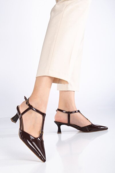 MaskButik Tegan Patent Leather Brown Heeled Shoes