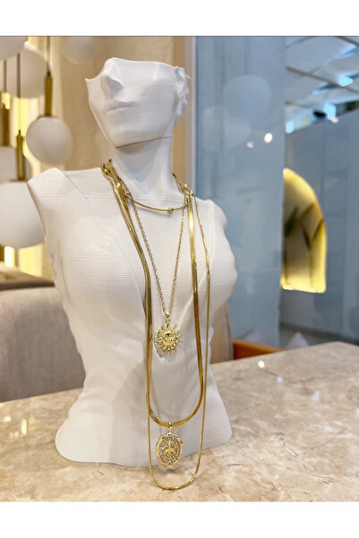 GIFTPALACE Güneş ve Kutup Yıldızı Desenli 14 K Altın Rengi Paslanmaz Kararmaz Çelik 3 lü Kolye