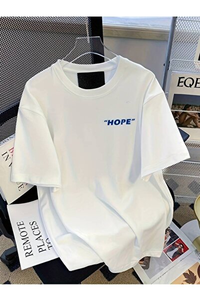 Elvino HOPE Baskılı Beyaz Bisiklet Yaka Oversize Unisex Rahat Trend Cool T-shirt