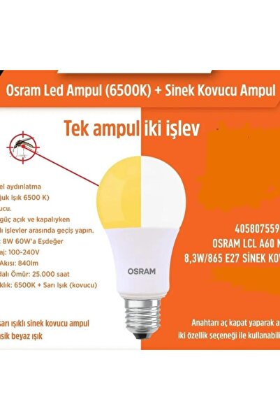 fullreyon 2 Adet Sivri ve Kara Sinek Kovucu, Çok Kaliteli 8 W. Led Ampul İki Fonksiyonlu Sinek Savar Led Ampul