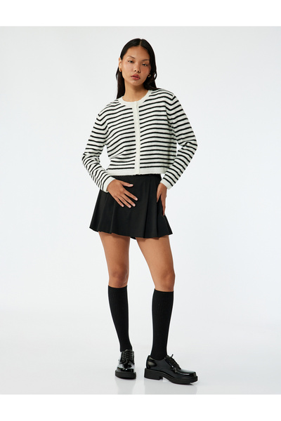 Koton Long Sleeve Buttoned Crew Neck Striped Knitwear Cardigan