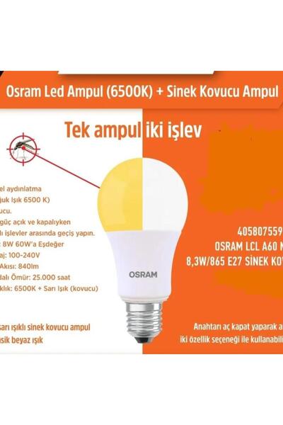 fullreyon Sivri ve Kara Sinek Kovucu, Çok Kaliteli 8 Watt Led Ampul, İki Fonksiyonlu Sinek Savar Led Ampul
