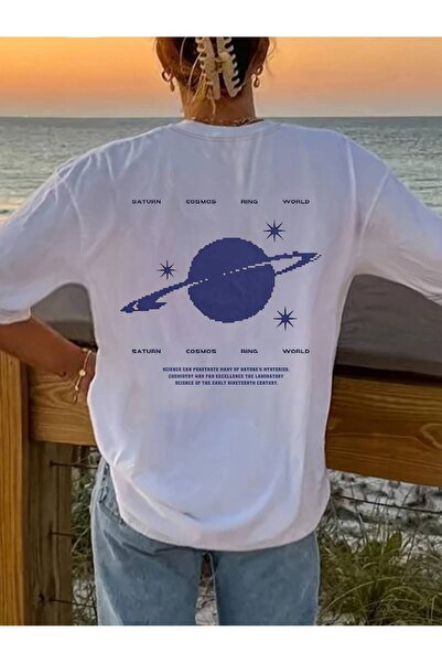 Elvino تيشيرت نسائي مطبوع كوكب زحل - رقبة دائرية، كم قصير
