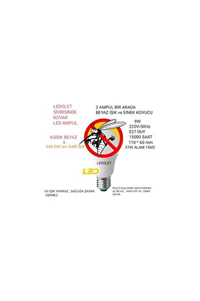 fullreyon Sivri ve Kara Sinek Kovucu, Çok Kaliteli 8 Watt Led Ampul, İki Fonksiyonlu Sinek Savar Led Ampul