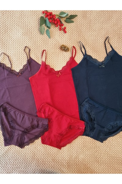 Demirsa Boutique Cotton, Lycra Rope Strap V-Neck Women's Tank-Underwear Set 3-Piece Purple, Claret Red, Navy Blue Color