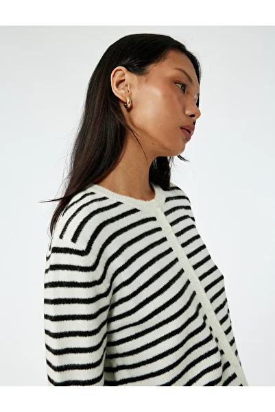 Koton Long Sleeve Buttoned Crew Neck Striped Knitwear Cardigan