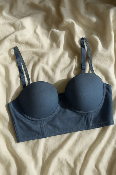 Ponpon Collection Denim Görünümlü Lacivert Parıltılı Askılı Push-Up Büstiyer ...