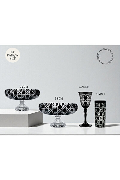 Akden Kristal KRİSTAL KESME DEKOR EL İMALATI 14 PARÇA KASE & BARDAK SETİ