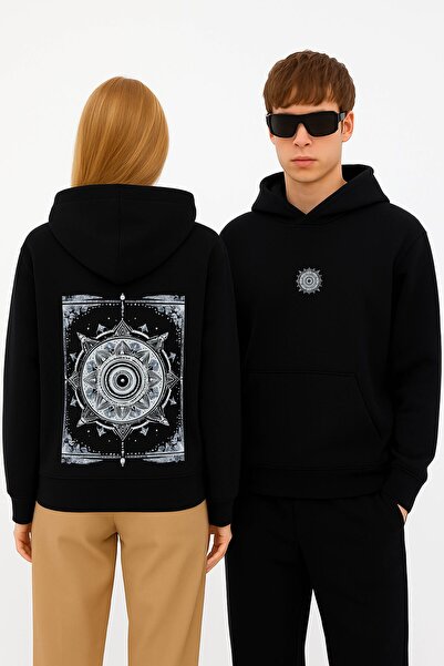 By Caspita Fashion Μαύρο φούτερ με στάμπα Lenithra Kilim Unisex Oversize