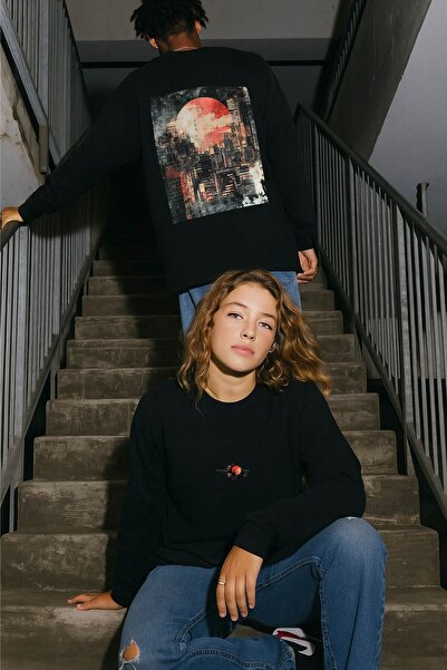 By Caspita Fashion Унисекс суитшърт с голям размер, черен, с щампа на гърба н...