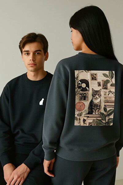 By Caspita Fashion Φούτερ Lenithra Cat Back Printed Unisex Oversize καπνιστό