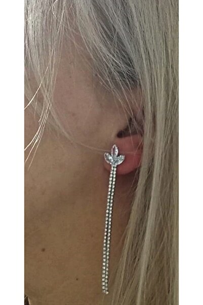 mos&more Gümüş İnce Taşlı Yaprak Uzun Abiye Kadın Küpe