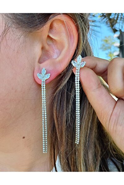 mos&more Gümüş İnce Taşlı Yaprak Uzun Abiye Kadın Küpe