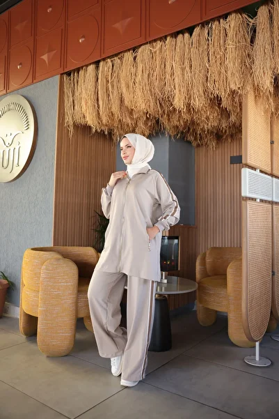 MİMİ Luxury Wear طقم بدلة رياضية نسائية بتصميم إسلامي مع سحاب وطقم علوي سفلي