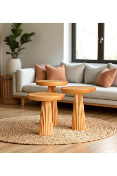 Royal Wood Store Yeni Ahşap Üst Kalite Vernikli 3’lü Fitilli Mantar Mushroom Yan Zigon Sehpa