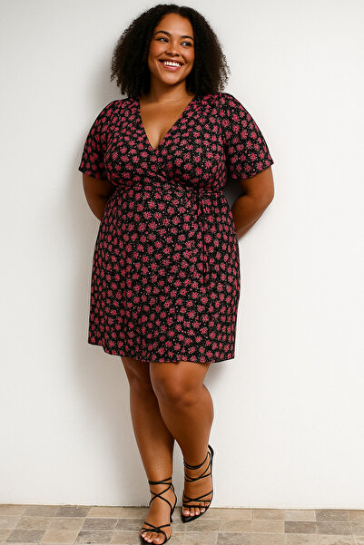 Nokta Curve Plus Size A-Line/Bell Flower Print Short Dress Double Breasted Collar
