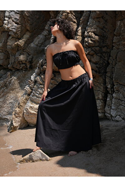 IRIS-MEDUSA COTTON PAMUK SİYAH UZUN ETEK-STRAPLEZ BLUZ TAKIM