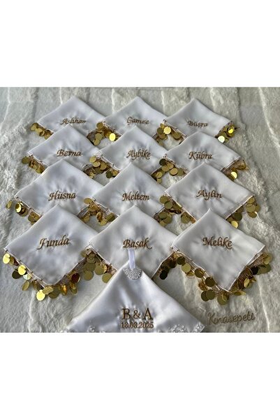 Handmade Gelin ve Nedimelere Özel İsim Yazılı Kına Mendili, Pullu Halay Mendili