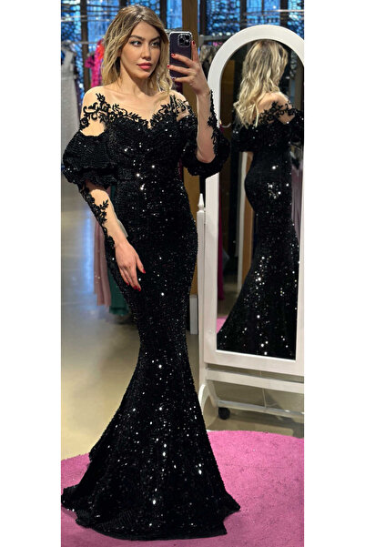 Abiyeniall فستان سهرة طويل أسود بأكمام بالون وتنورة حورية البحر مزين بالترتر ...