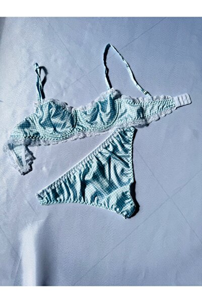 Mavi İpeksi Saten Dantel Detaylı Bralet İç Çamaşır Takımı