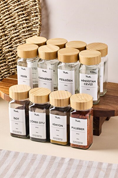 Perotti Raul Bamboo 120 ml 12’li Bambu Kapaklı Etiketli Cam Kare Formlu Baharatlık Seti