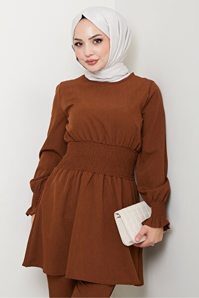 Bestenur Gipeli Tunic Παντελόνι Hijab Διπλό Σετ 218 - Καφέ