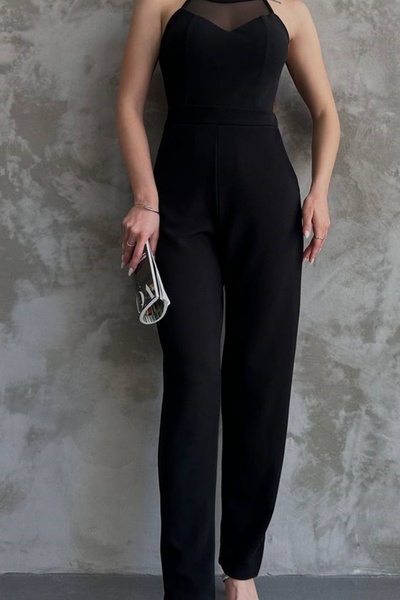 WOMAN VISION Kadın Krep Kumaş Tül Transparan Detay Yuvarlak Yaka Kolsuz Siyah Tulum 12132