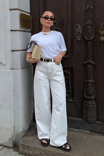 Seeh جينز نسائي أبيض أساسي واسع الساق SH273