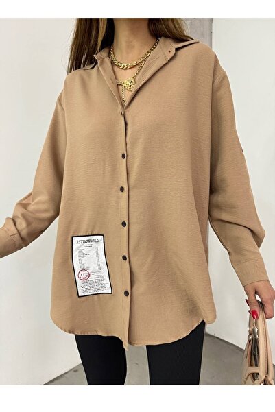lovebox Women's Cotton Fabric Oversize Beige Shirt with Emblem Design 12200