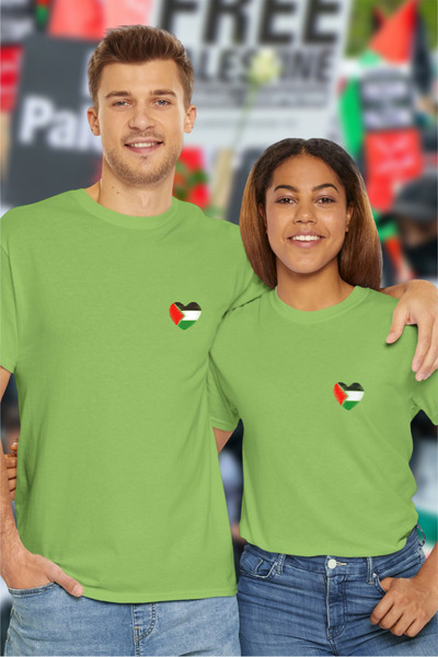 BESSA تي شيرت قطن أبيض مطبوع عليه علم فلسطين على شكل قلب برقبة دائرية للنساء والرجال