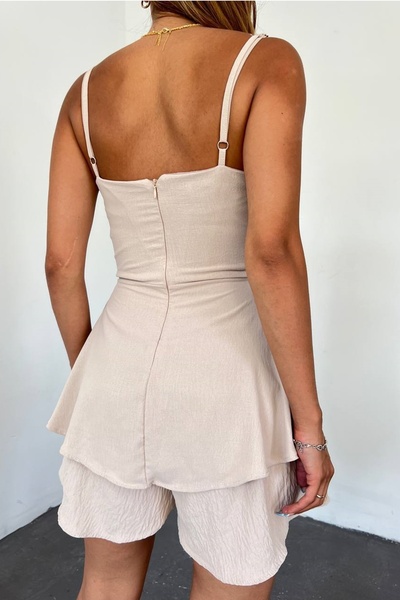 vuvutasarım Beige Aerobin Fabric Degaje Collar Skirt Flounced Design Strap Jumpsuit 7034