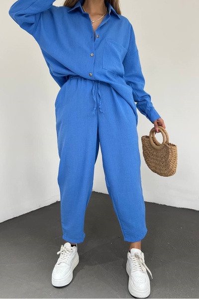 lovebox Women's Linen Fabric Pocket Detailed Shirt and Trousers Oversize Double Blue Set 10277