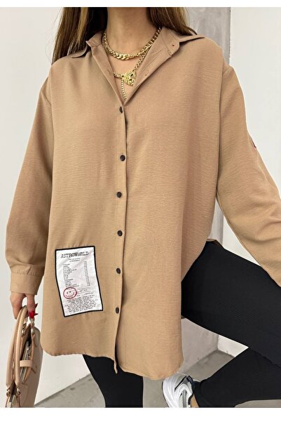 bayansepeti Bej Aerobin Kumaş Arma Detay Oversize Kesim Gömlek 12200