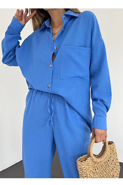 lovebox Set de cămașă și pantaloni cu buzunare din țesătură de in pentru femei, supradimensionat, dublu, albastru 10277