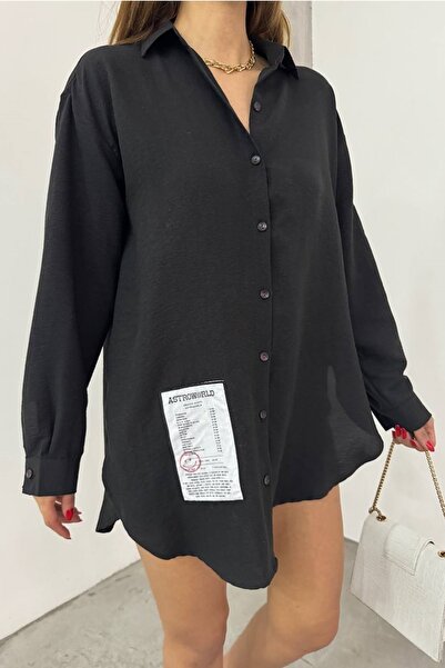 lovebox Women's Cotton Fabric Emblem Design Oversize Black Shirt 12200