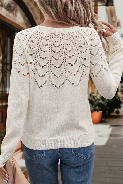 citystyle Pulover de damă cu model ajurat, cu gât turnat, cu mânecă lungă, alb