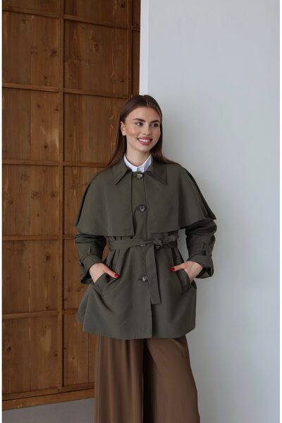 Melvien Haki Kemerli Premium Trençkot (Oversize Kalıp)