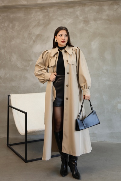 QUBERZ Women's Balloon Sleeve Rezort Collar Belted Long Trench Coat - Black / Navy Blue / Mink / Beige / Khaki